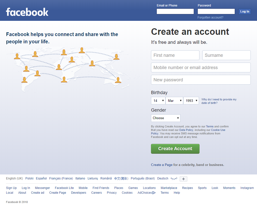 Facebook - Create An Account screen