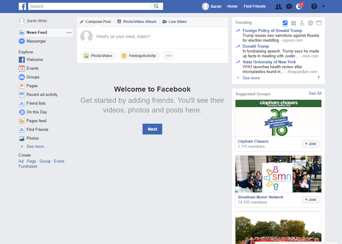 Facebook - Your Homepage screen