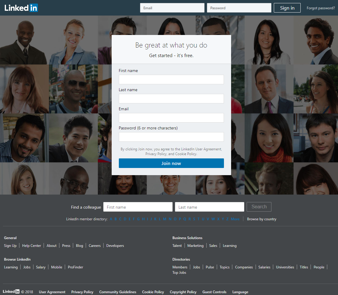 linkedin - Create An Account screen