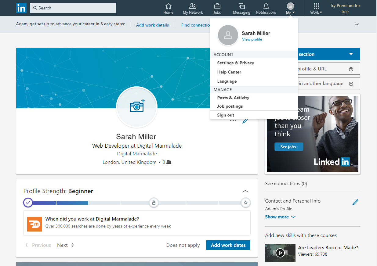 linkedin - Create An Account screen