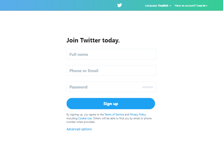 Twitter - Create An Account screen
