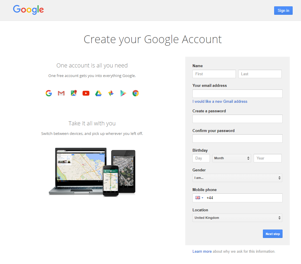 youtube - Create An Account screen