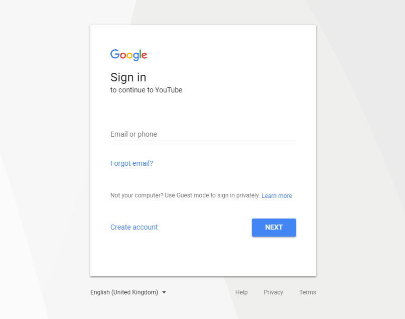 youtube - Create An Account screen - Google Sign In